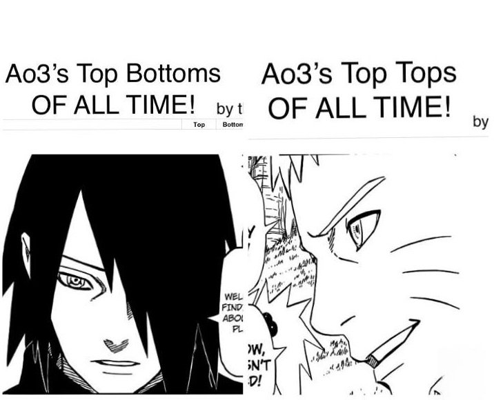 NaruSasumyshayl's tweet photo. Sasuke and Naruto are on the list of AO3's bottom and top all of time. Yassss, that's our sasUKE and naruTOP claiming their respective place 😌 https://t.co/YcmSbuXq4Z