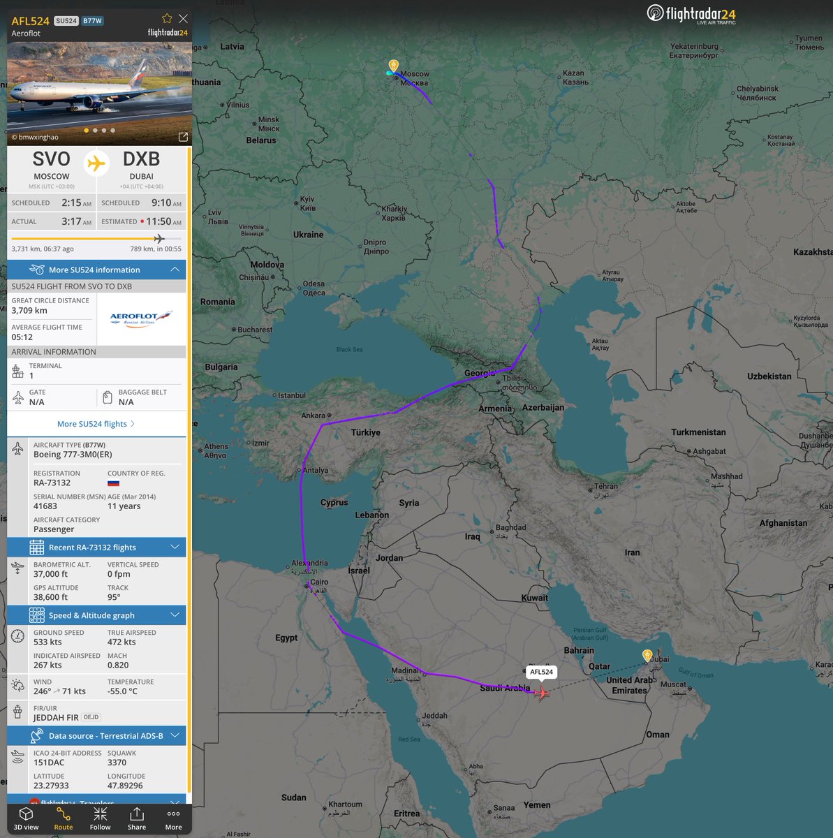 flightradar24's tweet photo. The the Aeroflot flight from Moscow to Dubai has averaged 5h12m over the past 30 days. With Iranian airspace unavailable, flight time is now approximately 7h30m. https://t.co/3nIGB4FJMA https://t.co/DutlF2CrB3