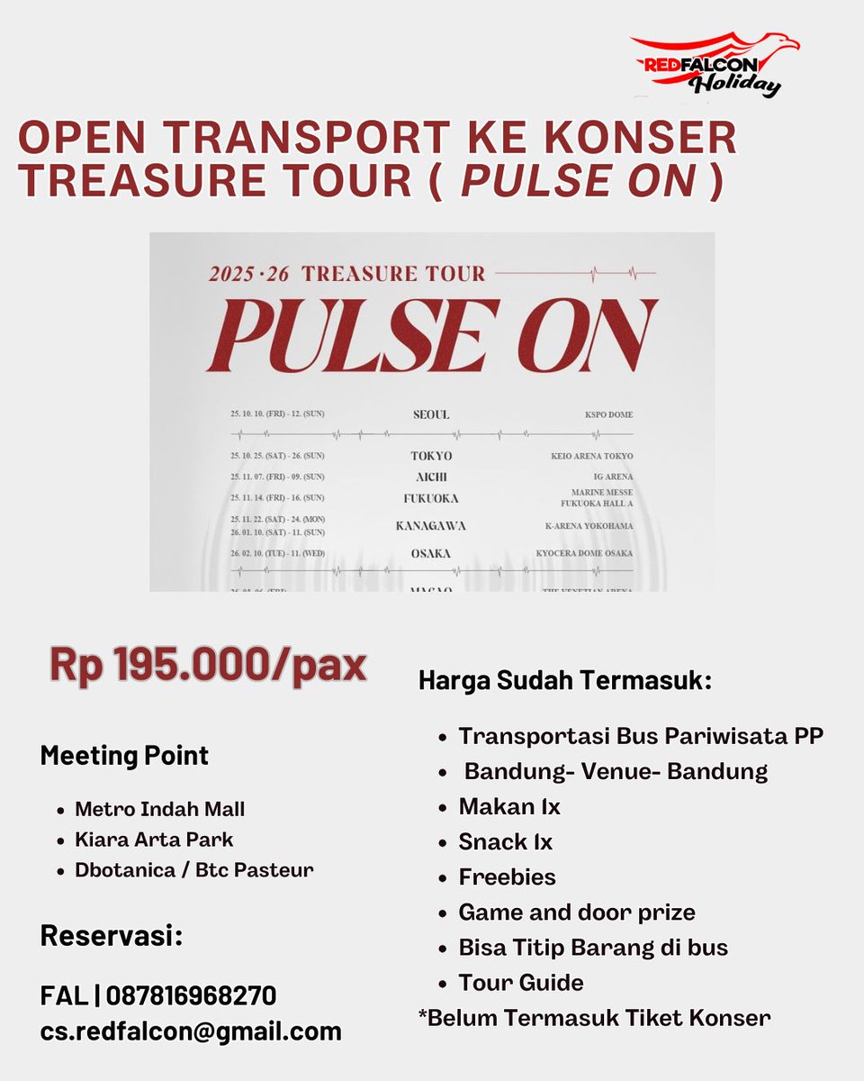 tripredfalcon's tweet photo. OPEN TRANSPORT KE KONSER TREASURE TOUR (PULSE ON)  
 
Bingung gak ada temen ke venue?
 kita berangkat bareng-bareng yukk 🫶🏻 

Meeting Point :
- Metro Indah Mall  
- Kiara Artha Park 
- d'botanica Pasteur    
mau tanya dulu teh fal boleh langsung dm/whatsApp : 087816968270 https://t.co/WoPtJMQ8df