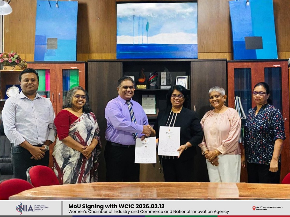 The National Innovation Agency of Sri Lanka (NIA) is proud to announce the signing of a Memorandum of Understanding with the Women's Chamber of Industry and Commerce (WCIC) on 12th February 2026 at NIA premises.

#WomenInInnovation #InnovationEcosystem #NIA #WCIC #EmpowerWomen
