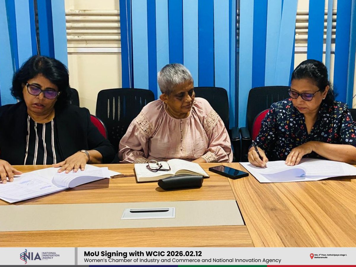 NationalInnova2's tweet photo. The National Innovation Agency of Sri Lanka (NIA) is proud to announce the signing of a Memorandum of Understanding with the Women's Chamber of Industry and Commerce (WCIC) on 12th February 2026 at NIA premises.

#WomenInInnovation #InnovationEcosystem #NIA #WCIC #EmpowerWomen https://t.co/Z5tTDUIV7x