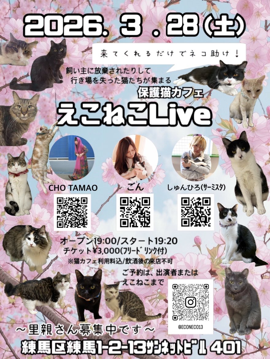 今月も開催❗️ 3/28(土) 🐈‍⬛えこねこライブ🐈 えこねこで行う