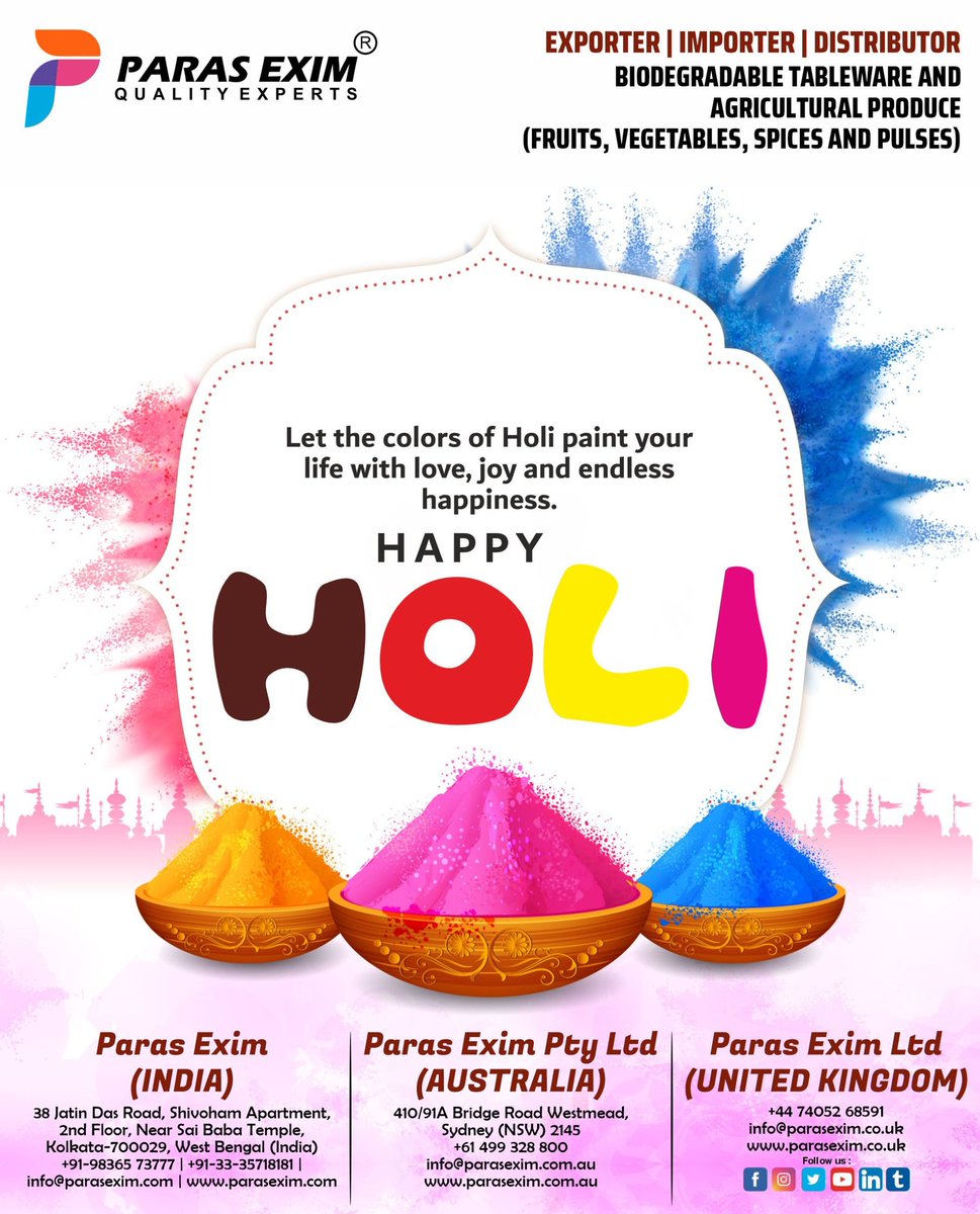 parasexim's tweet photo. Wishing everyone a very Happy Holi.
#Holi2026 #parasexim #paraseximptyltd #leafonyourtable #gogreen #ecofriendly #bioplates #disposableplates #bethechange #indianmangoes #exportimport #indianexporters #exportquality #indianspicesexporter #biodegradableproducts #arecapalm #areca https://t.co/F77OiuYCWS