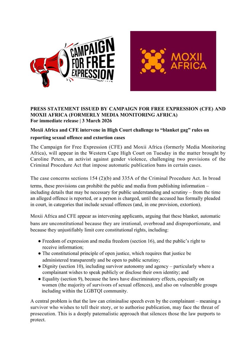 _FreeExpression's tweet photo. [PRESS STATEMENT] CFE &amp; @moxiiafrica will appear in the Western Cape High Court today, in the matter brought by Caroline Peters, an activist against gender violence, challenging two provisions of the Criminal Procedure Act that impose automatic publication bans.
#CFEInCourt https://t.co/ip8Li1UeK1