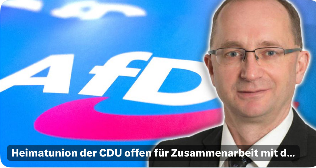Die sächsische <a href="/HeimatUnion/">HeimatUnion</a> der CDU von MdL Sven Eppinger ist für eine Zusammenarbeit mit der AfD.

Besser mit den “Falschen” das Richtige als mit den “Richtigen” das Falsche! Endlich ein Signal gegen linksgrüne Blockaden.

tag24.de/nachrichten/po…