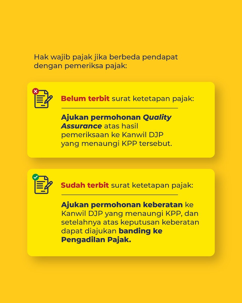 #KawanPajak, dalam proses pemeriksaan pajak, perbedaan pendapat antara Wajib Pajak dan Pemeriksa Pajak bisa saja terjadi. Namun, jangan khawatir—ada beberapa hak yang dapat #KawanPajak manfaatkan sesuai ketentuan perpajakan.

Simak infografis di atas untuk informasi lebih jelas