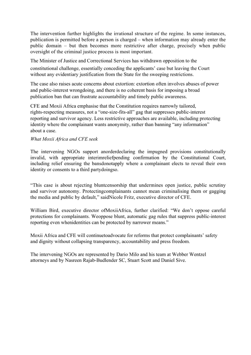 _FreeExpression's tweet photo. [PRESS STATEMENT] CFE &amp; @moxiiafrica will appear in the Western Cape High Court today, in the matter brought by Caroline Peters, an activist against gender violence, challenging two provisions of the Criminal Procedure Act that impose automatic publication bans.
#CFEInCourt https://t.co/ip8Li1UeK1