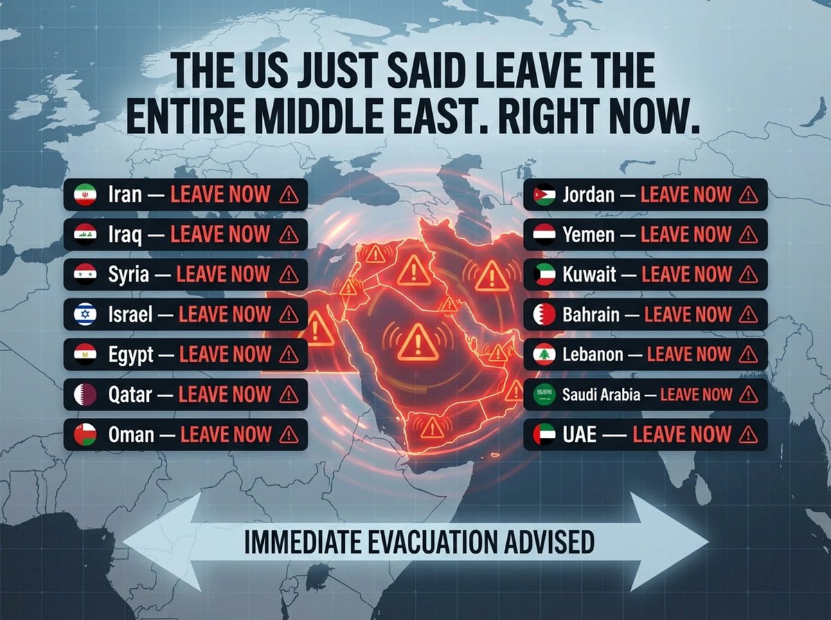 THE US JUST SAID LEAVE THE ENTIRE MIDDLE EAST. RIGHT NOW.

🇮🇷 Iran — LEAVE NOW

🇮🇶 Iraq — LEAVE NOW

🇸🇾 Syria — LEAVE NOW

🇮🇱 Israel — LEAVE NOW

🇪🇬 Egypt — LEAVE NOW

🇶🇦 Qatar — LEAVE NOW

🇴🇲 Oman — LEAVE NOW

🇯🇴 Jordan — LEAVE NOW

🇾🇪 Yemen — LEAVE NOW

🇰🇼 Kuwait — LEAVE NOW