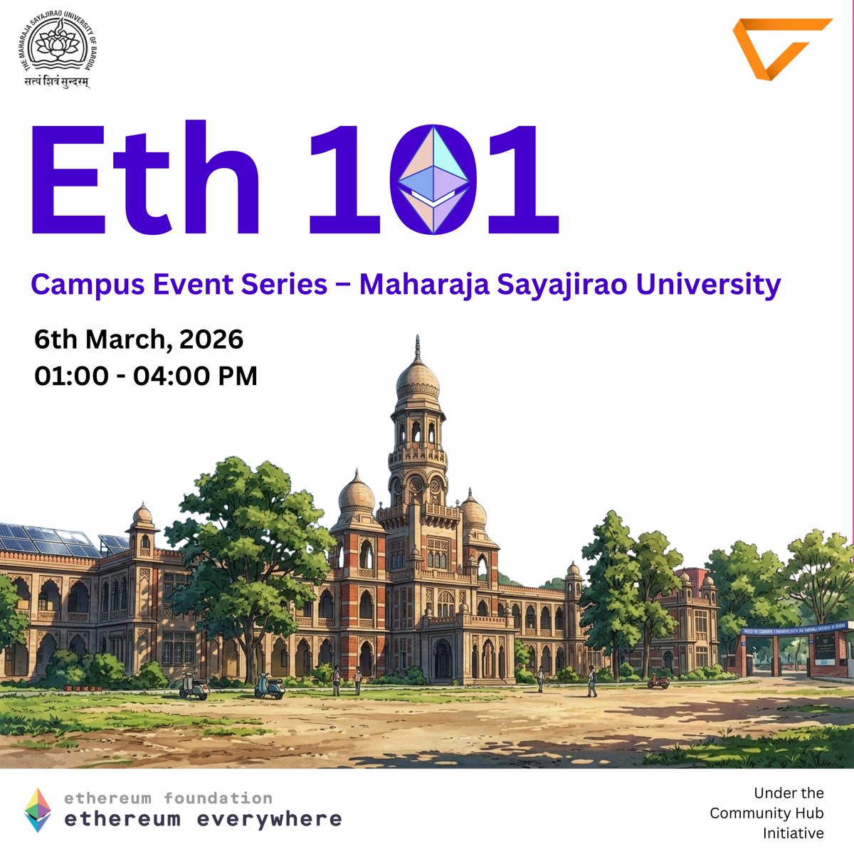 saurabhnage624's tweet photo. Eth Vadodara isn’t just hosting Web3 events‼️It’s building them 🏗️

On 6th March, 2026, Eth Vadodara lands at @Themsubaroda University for a full energy of Ethereum 101 session + Live Hands-On Workshop experience.

This isn’t a “what is blockchain?” session.

This is:
• Understanding Ethereum beyond buzzwords
• Creating your own wallet
• Writing real Solidity code
• Deploying a live smart contract on testnet
• Watching your transaction settle on-chain

From lecture halls → to decentralized execution.

We’re not building hype.
We’re contributors.

- Goal 6 campuses before @ethmumbai conference.
- Empowering Hundreds of students.
- Building one growing Ethereum wave through Vadodara 🌊

 Let’s deploy. Eth Vadodara 🚀
 #EthereumEverywhere #EthVadodara #CampusToChain