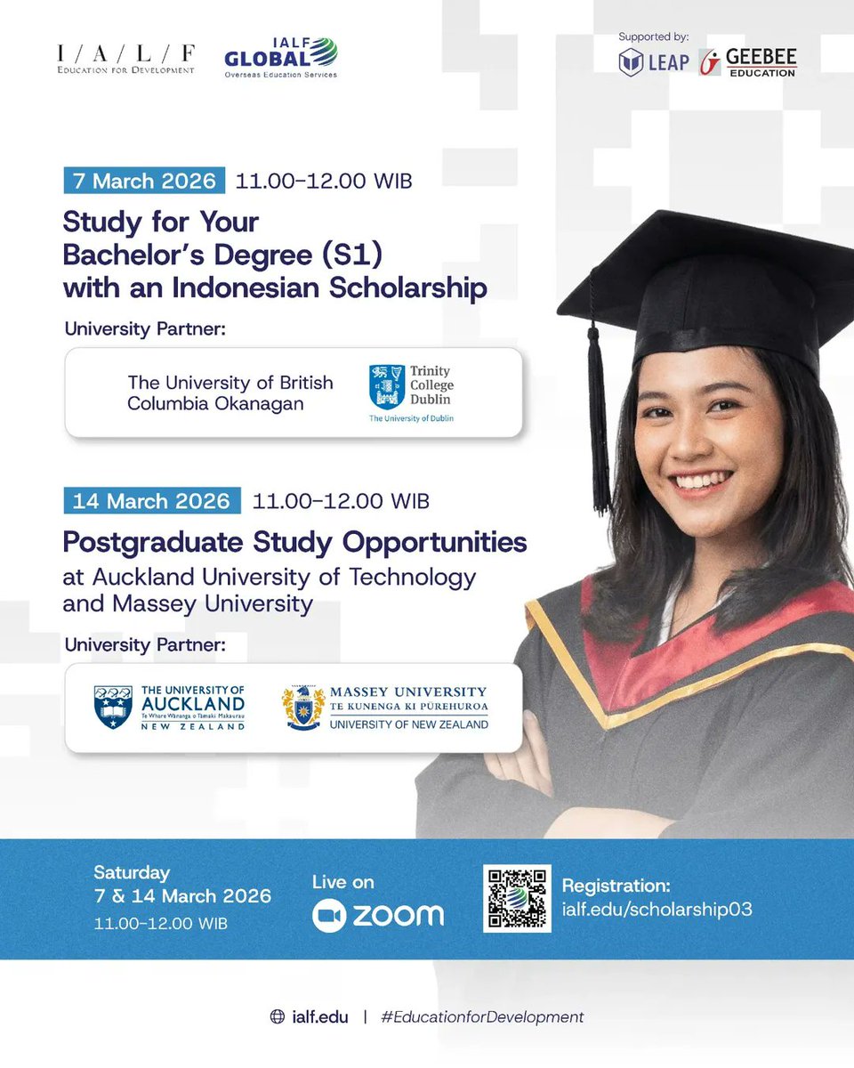 Ikuti Scholarship Webinar Part 3: Escape to Shadow Countries dengan IALF Global!

Dapetin kesempatan konsultasi langsung dengan representatif resmi dari world-class universities dari Kanada, Irlandia, dan New Zealand.

Sabtu, 7 &amp; 14 Maret 2026
11.00–12.00 WIB
Online via Zoom