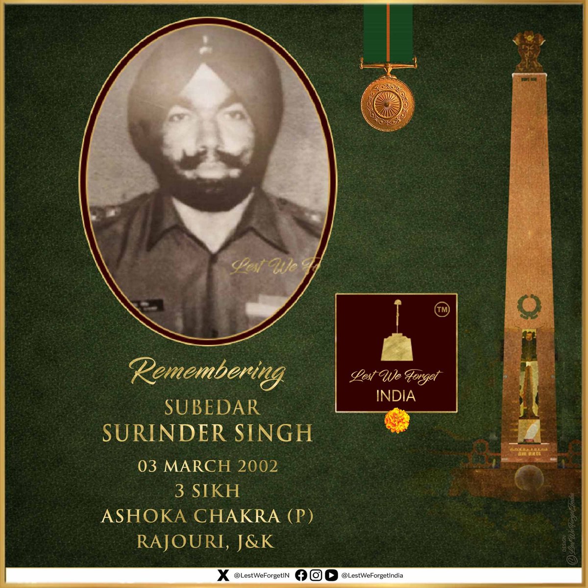 LestWeForgetIN's tweet photo. #LestWeForgetIndia🇮🇳

Subedar Surinder Singh
Ashoka Chakra (P)
3 SIKH

The gallant #IndianBrave neutralised four terrorists before laying down his life #OnThisDay 03 March 2002 at Rajouri, J&K during #OpRakshak

Remember the #BravestOfTheBrave and his supreme sacrifice always🏵️