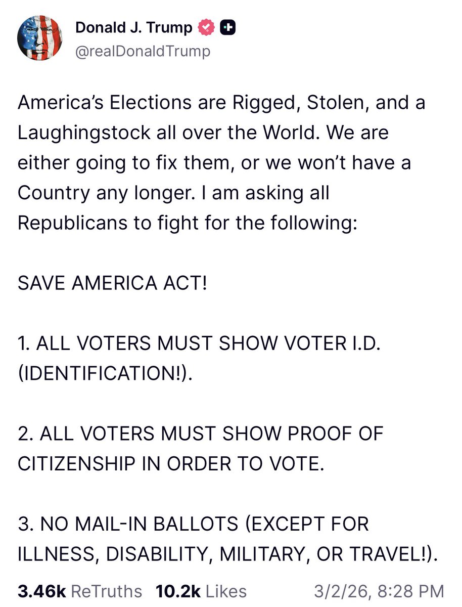 🚨 BREAKING: Trump posts on Truth Social claiming that American elections are “rigged” and calls on “ALL REPUBLICANS” to fight to pass the Save America Act 

That includes you, <a href="/LeaderJohnThune/">Leader John Thune</a>! 

It’s time to actually put America first. Let’s get this done.