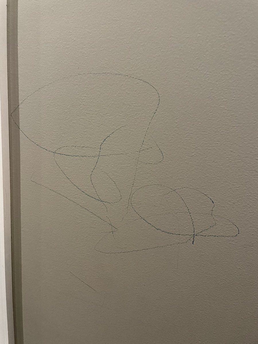 _dorman's tweet photo. overheard:
brett *talking to his arc raiders virtual penpals*: we’ve hit a milestone, boys - nat has colored on the wall for the first time

i present to you…
unsupervised squiggles, 2026
wax crayon on painted wall
13x14” https://t.co/kuJ3QwWvMx