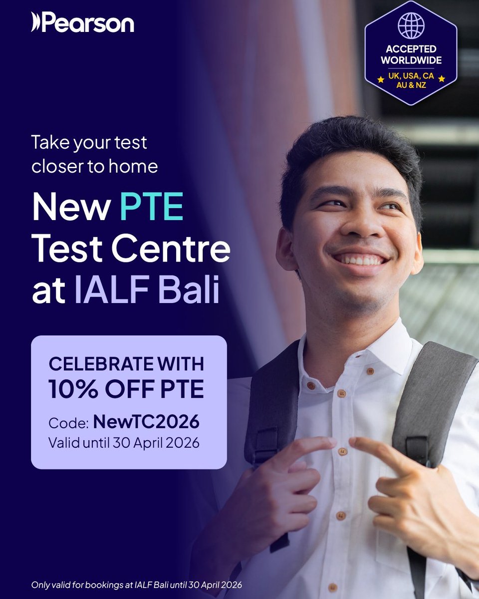New Test Centre PROMO - Get 10% discount for PTE Academic at IALF Bali!

Berencana studi atau migrasi ke luar negeri? Ambil tes PTE Academic untuk memperlancar perjalanan menuju kesuksesan!

Sekarang kamu bisa ambil tes PTE Academic di:

IALF Bali
Jl. Raya Sesetan 190
Denpasar