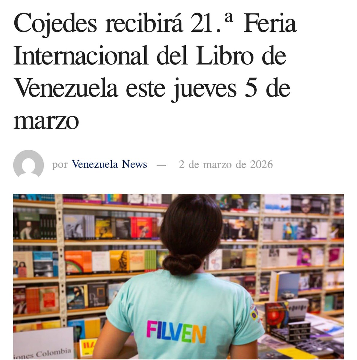 Isnel_carias's tweet photo. Cojedes recibirá 21.ª Feria Internacional del Libro de Venezuela este jueves 5 de marzo

https://t.co/EjVOiT9kbH https://t.co/4SFHpCqrdP