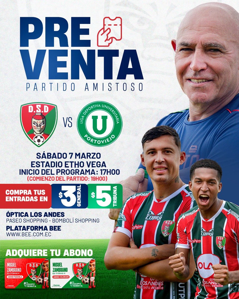 🎟️🔥 ¡ARRANCA LA PREVENTA! 🔥🎟️
📍 No te quedes fuera
🎟️ Compra ya tu entrada en preventa en 
🧑‍💻 Compra tu abono aquí:
👉 bee.com.ec/l/74REM6ITIXCF…
👓 Óptica Los Andes
🛍️ Paseo Shopping
🛍️ Bomboli Shopping
💪 Apoyemos desde las gradas

¡Santo Domingo late más fuerte que nunca! 🔥⚽