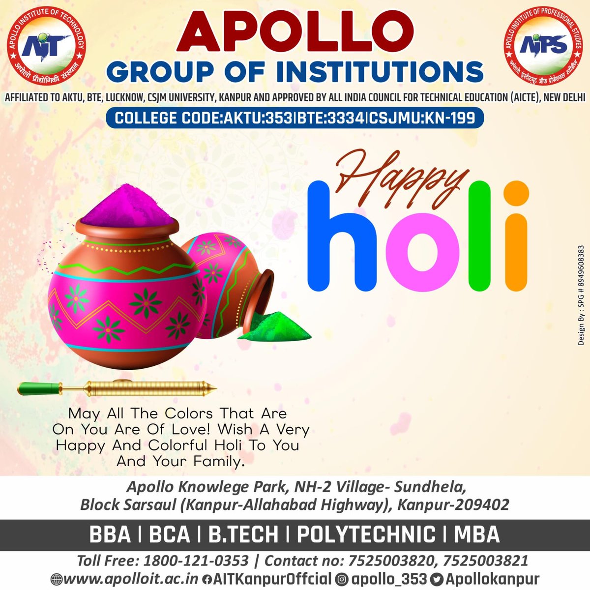 ApolloKanpur's tweet photo. 🌸 Wishing you a vibrant Holi filled with colors, joy, and happiness! 🎉

From the entire team at *Apollo Group of Institutions*, may your day be as bright as the colors you play with!

Happy Holi! 🧡

#Holi2026 #ApolloGroupOfInstitutions #ColorsOfJoy #FestivalVibes https://t.co/eZaUhUIVuG