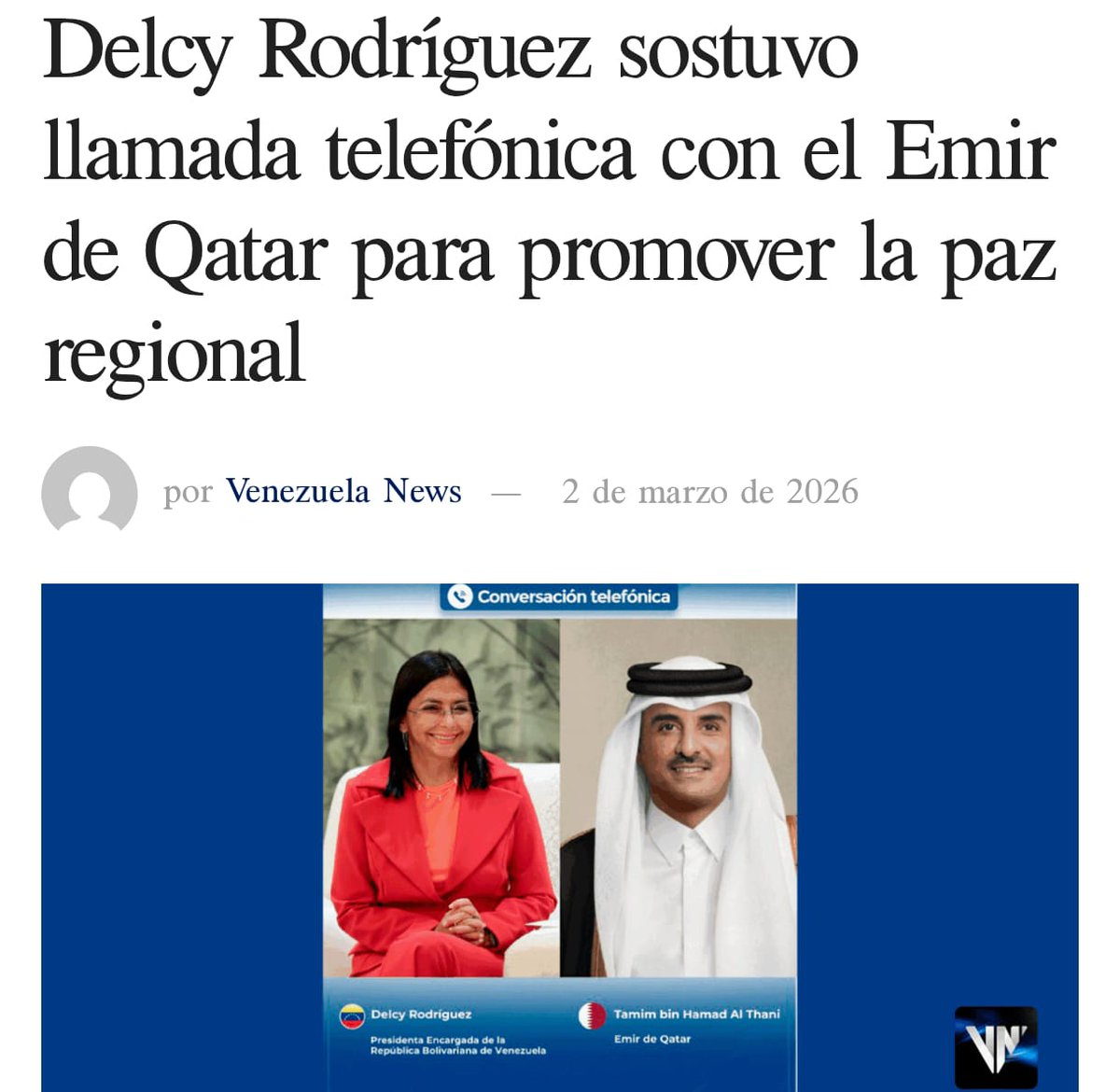 Isnel_carias's tweet photo. Delcy Rodríguez sostuvo llamada telefónica con el Emir de Qatar para promover la paz regional

https://t.co/0fCUT5j1uO https://t.co/d29uicaqrl