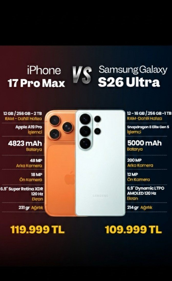 TeknoLoga's tweet photo. 120.000 TL bir telefona verilir mi? 🤯
Bir yanda Apple prestiji, diğer yanda Samsung gücü. Kağıt üzerinde S26 Ultra önde ama A19 Pro fark yaratır mı?
Sizce hangisi parasının hakkı?
🍎 iPhone mu, 🤖 Samsung mu?
Yorumları alalım! 👇
#TeknoLoga #Apple #Samsung https://t.co/Fmb4BABLpM