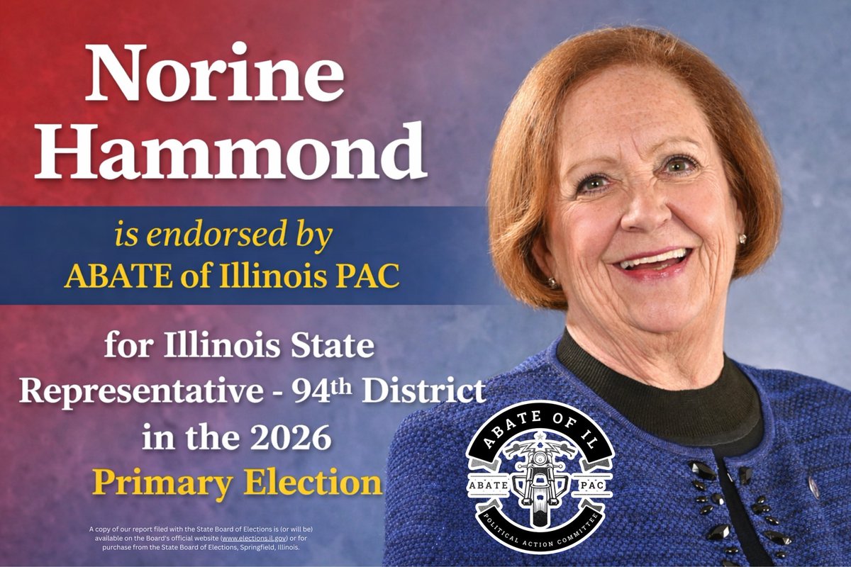 State Rep Norine Hammond has proven time and time again that she stands with Illinois motorcyclists. 

Because of her consistent support for rider rights and her commitment to protecting freedom of choice, she has earned an A+ grade and the official endorsement of ABATEPAC. 🏍️