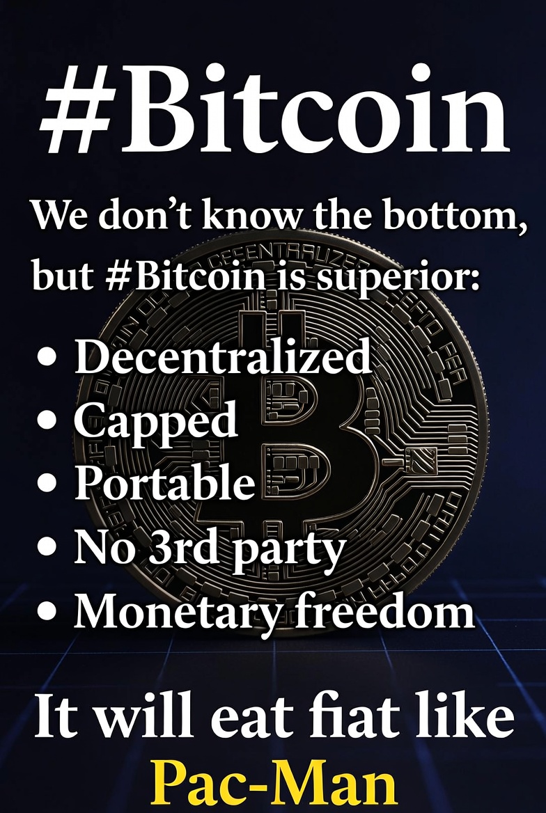 We don't know the bottom, but #Bitcoin is superior: decentralized, capped, portable, no 3rd party, monetary freedom. It will eat fiat like Pac-Man.  

DCA buy for next 4-8 yrs. Incredible times ahead.