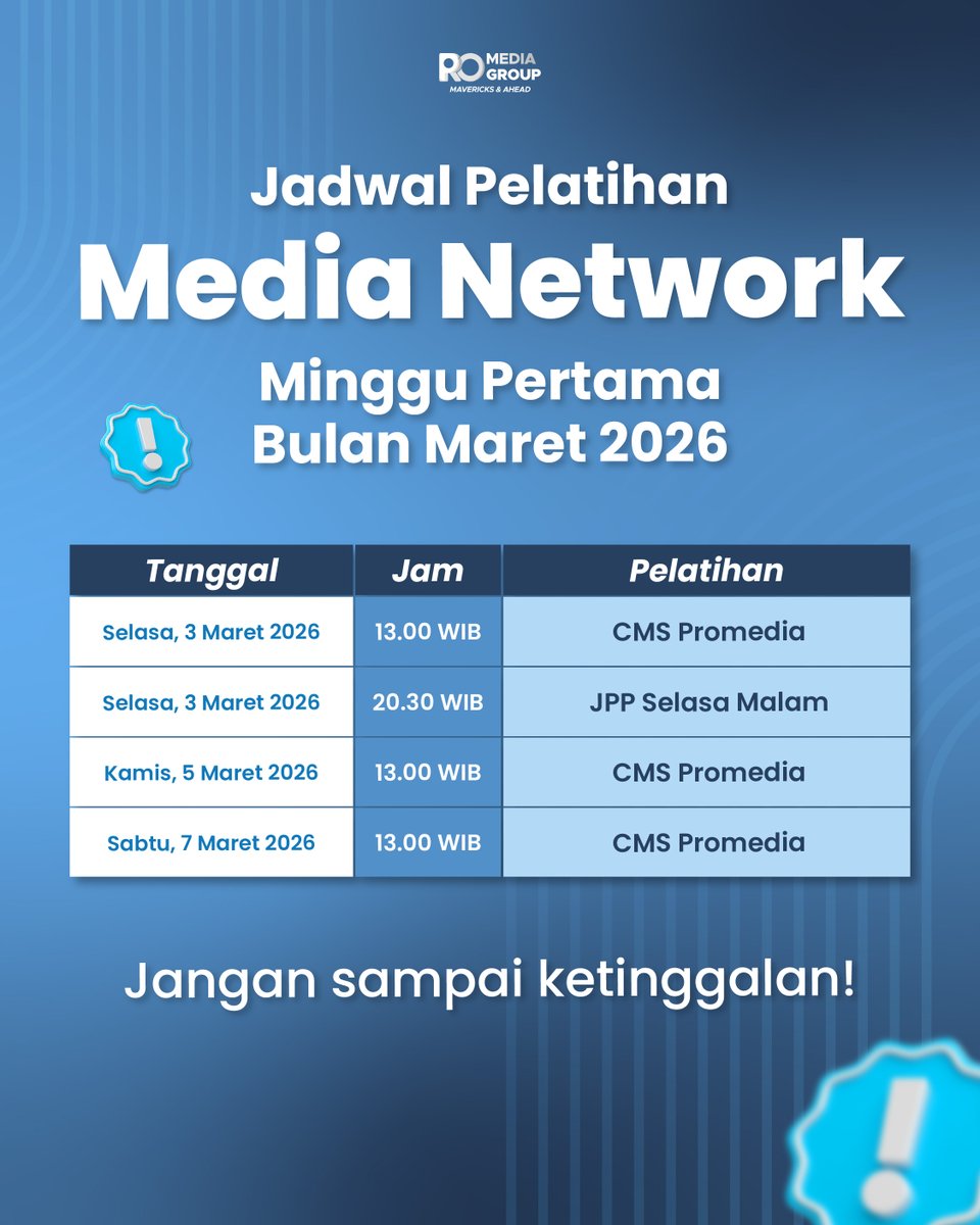 PromediaGroupID's tweet photo. 📣 Jadwal Pelatihan Media Network Minggu Pertama Bulan Maret 2026
Buat kamu dan tim yang ingin upgrade skill, catat tanggalnya ya! 

📍Pelatihan online via Zoom (link akan diberikan via grup ya)

Siap berkembang bareng Promedia? https://t.co/IbYIv9Xl0n