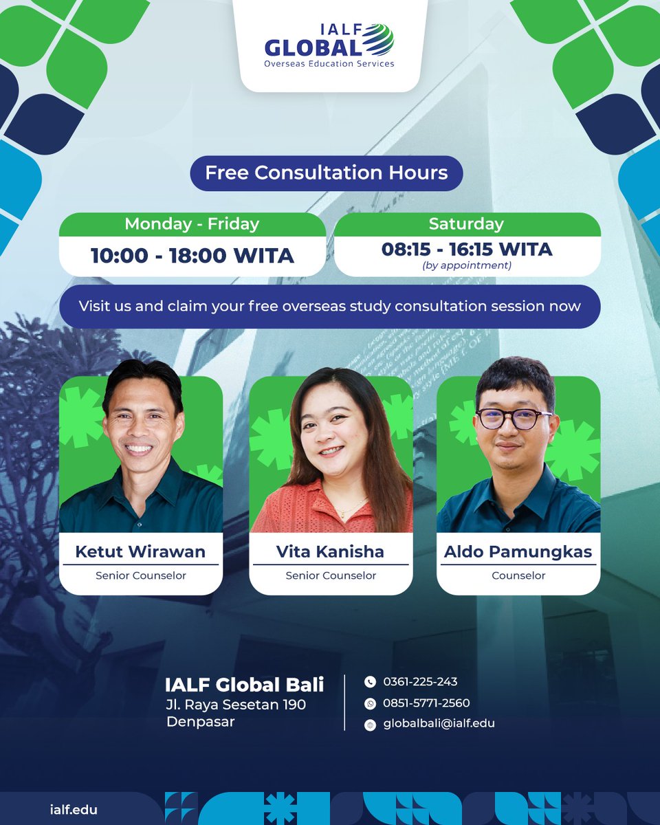 🌍✨ Meet the IALF Global team at IALF Bali! 

Consult your study plan with our experienced counselors and get ready to achieve your dream of pursuing further studies overseas. 

💡 Best of all, it’s FREE! 

🚀 #IALFGlobal #EducationforDevelopment
