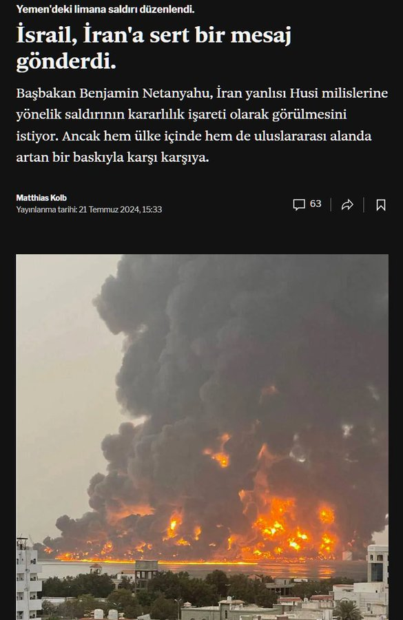 MATATURK1's tweet photo. Hayır duymadınız Yine yalan Gerçek aşağıda:
Gördüğünüz her şeye inanmayın. Görüntüler eski hikayenin tam tersini gösteriyor; bu saldırıyı gerçekleştiren İran değil, İsrail. Burada gördüğünüz şey, 21 Temmuz 2024'te İsrail savaş uçaklarının Yemen'deki Hodeidah'ı bombalayarak büyük bir yangına neden olduğudur.