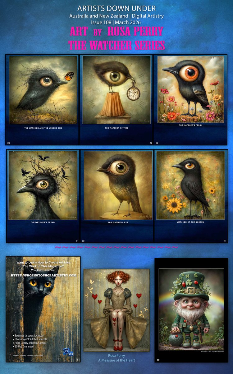 rosaperry's tweet photo. The March edition of Artists Down Under is out! 📷
Issue 108 is filled with inspirational art and wonderful articles.
I’m thrilled to share that my work appears throughout this edition:
Link to view magazine: https://t.co/90TrSwf5v3
#photoshop #DigitalArtist #digitalart https://t.co/X6GcQqEanM