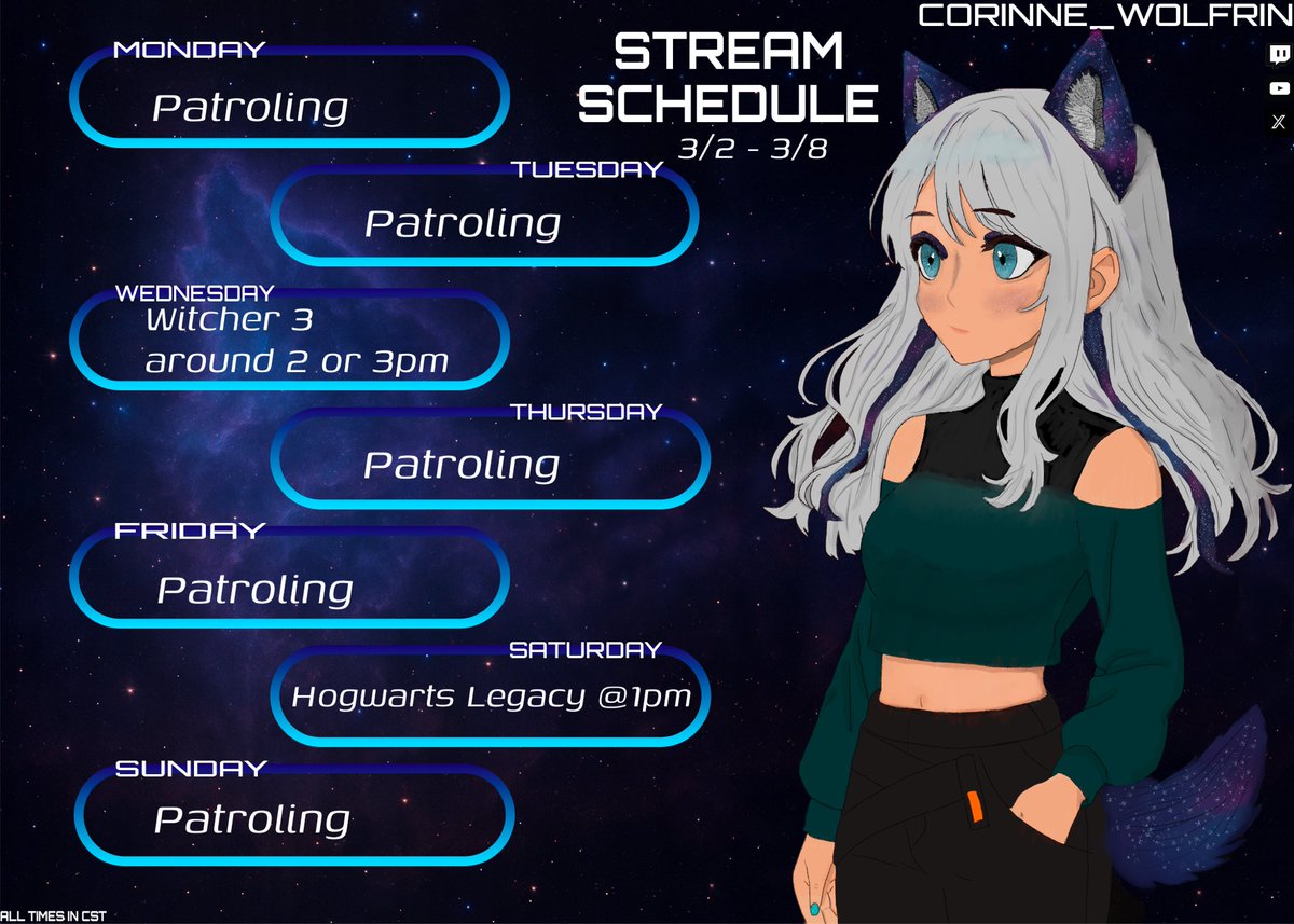 Corinne_WolfRin's tweet photo. Stream schedule is back pups! New avatar drawn by @SeethingInGreen he did an amazing job!
#streamschedule #spacewolf https://t.co/906xR06640