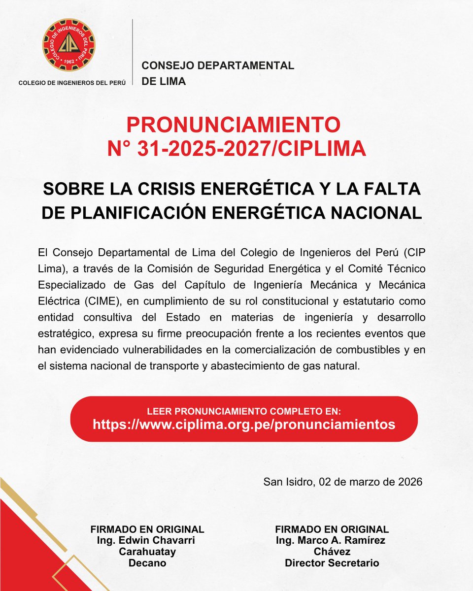 ciplimaoficial's tweet photo. 🚨 𝐏𝐑𝐎𝐍𝐔𝐍𝐂𝐈𝐀𝐌𝐈𝐄𝐍𝐓𝐎 𝐍.° 𝟑𝟏-𝟐𝟎𝟐𝟓-𝟐𝟎𝟐𝟕/𝐂𝐈𝐏𝐋𝐈𝐌𝐀:

👉𝐂𝐈𝐏 𝐋𝐢𝐦𝐚 𝐚𝐝𝐯𝐢𝐞𝐫𝐭𝐞 𝐬𝐨𝐛𝐫𝐞 𝐥𝐚 𝐜𝐫𝐢𝐬𝐢𝐬 𝐞𝐧𝐞𝐫𝐠𝐞́𝐭𝐢𝐜𝐚 𝐲 𝐥𝐚 𝐮𝐫𝐠𝐞𝐧𝐜𝐢𝐚 𝐝𝐞 𝐮𝐧𝐚 𝐩𝐥𝐚𝐧𝐢𝐟𝐢𝐜𝐚𝐜𝐢𝐨́𝐧 𝐞𝐧𝐞𝐫𝐠𝐞́𝐭𝐢𝐜𝐚 𝐧𝐚𝐜𝐢𝐨𝐧𝐚𝐥 🇵🇪 https://t.co/zflz52q8wV