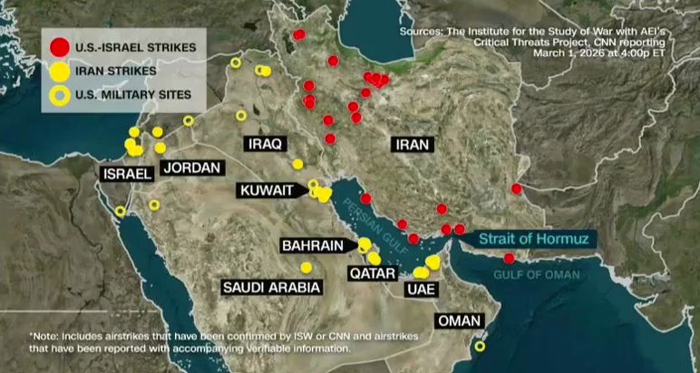 TheWarMonitor's tweet photo. Map showing confirmed U.S.-Israel strikes in Iran and reported Iranian strikes across Iraq, the Gulf region, and near key U.S. military sites, including around the Strait of Hormuz. https://t.co/eRQLFate6M