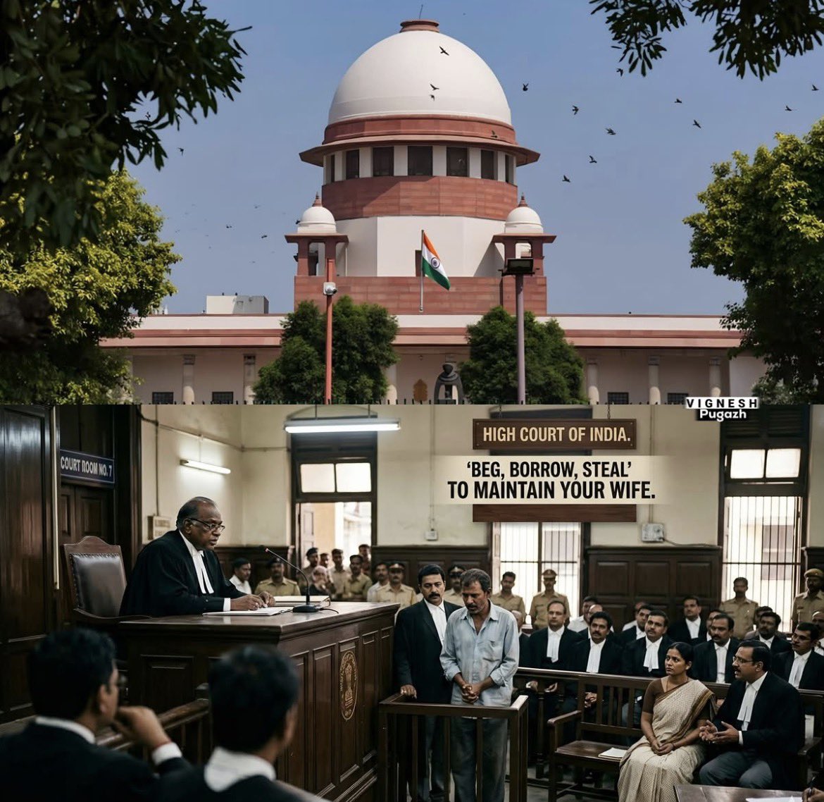 SamSiff's tweet photo. 🔥 Courtroom Drama! 🔥
Trial court gave wife ₹6 lakh full & final alimony.
Wife went to High Court → Supreme Court actually 😲
She demanded:
"Pay me ₹12,000/month (with yearly increase) OR give ₹30 lakh lump sum!"
Husband: "Sir, I earn only ₹9,000/month 😔"

Judge's epic reply:
"Beg, borrow, steal — that's the principle to maintain your wife! 💪 Who even earns just ₹9,000 these days?!" ⚖️