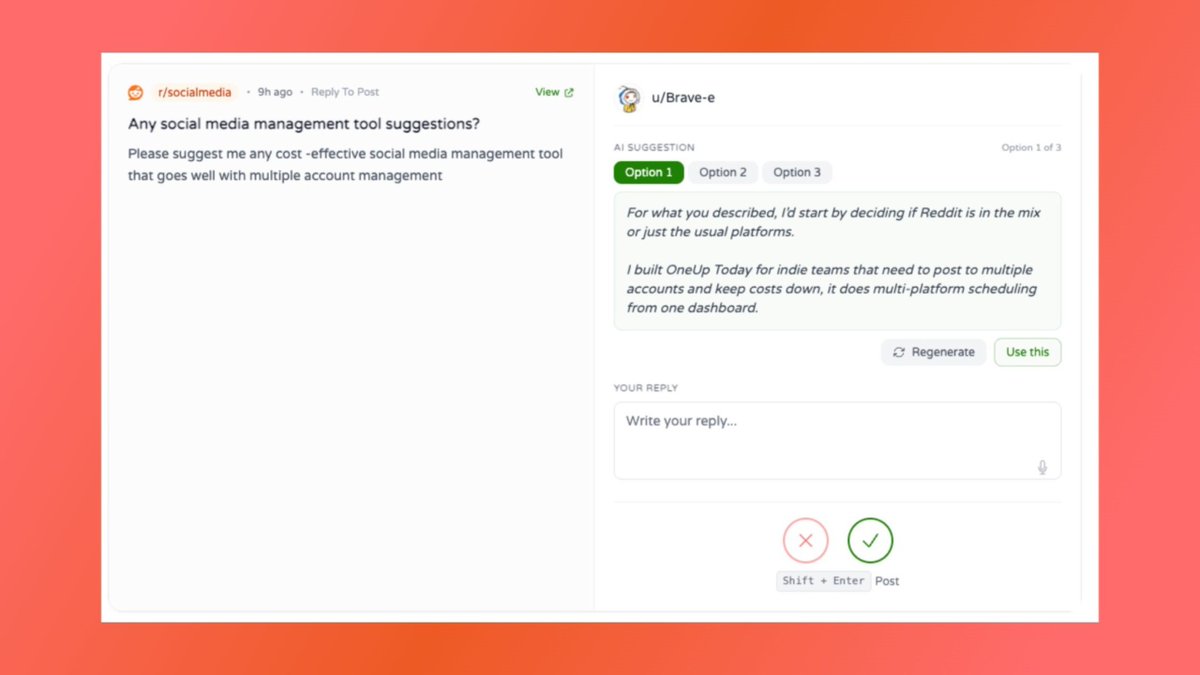 oneup_today's tweet photo. Engaging on Reddit just got simpler and more effective 🎯

Iteration - 41/10000 of building OneUp Today

With campaign replies, you can prepare multiple thoughtful responses. This helps you stay consistent and authentic in your Reddit marketing. https://t.co/M0VUqQQfKy