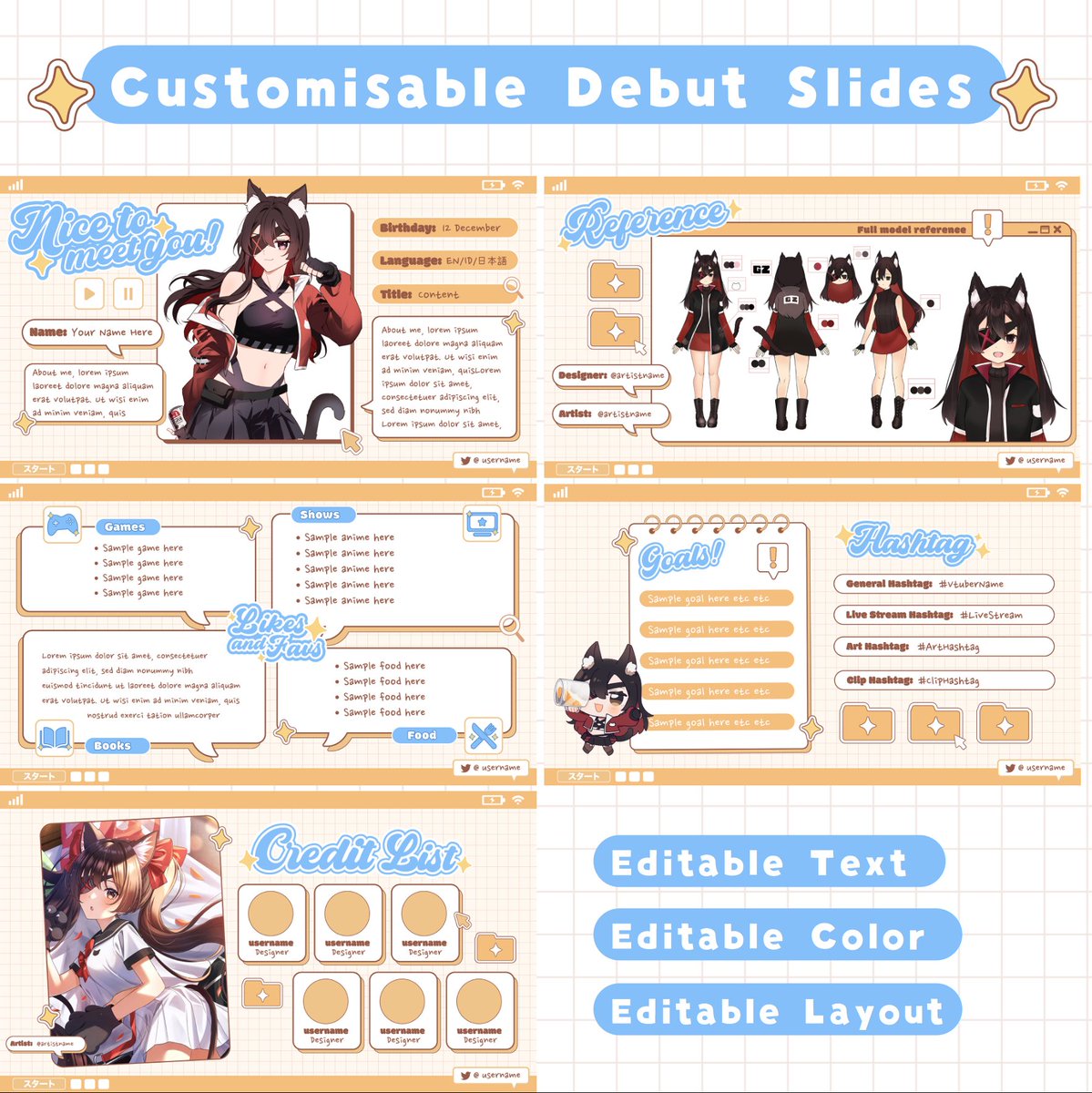 NikkiGZ0's tweet image. Make your debut stress-free with Customisable Debut Slides✨

- editable text
- editable colour
- editable layout

Available in my VGen shop!

#VTuberAssets
