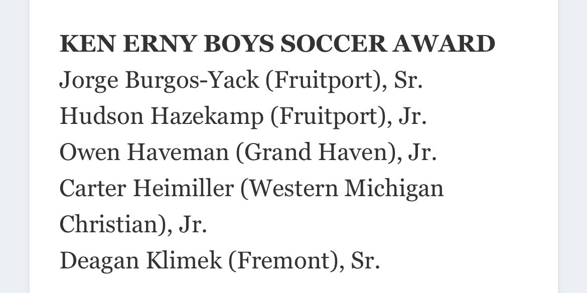 I’m honored to be nominated by the Local Sports Journal for the Ken Erny boys soccer award. Looking forward to the award show on Saturday. Congratulations to all nominees and especially my fellow Buccaneers.  

<a href="/ghhsbucs/">Grand Haven HS</a> 
<a href="/LSJMuskegon/">Local Sports Journal</a> 

localsportsjournal.com/2026/02/varsit…