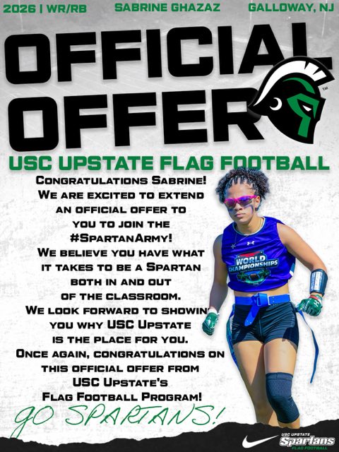 ghazaz_sabrine's tweet photo. Truly blessed to announce my 2nd Official D1 offer to play flag at the Collegiate level from USC upstate university!! 

Thank you so much @UpstateFlagFB for the opportunity and being one of the first to receive this opportunity from such a new program! https://t.co/gc67VHjNRf