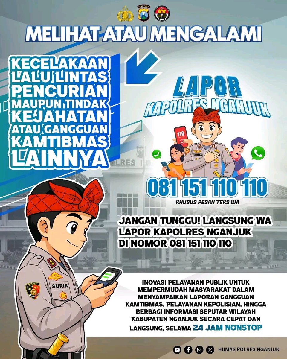 HumasPolsekta1's tweet photo. Monggo masyarakat nganjuk dan sekitarnya manfaatkan layanan call center 110 dan WA Lapor Kapolres Nganjuk bila melihat ataupun mengalami kejadian di sekitar anda.

#divhumaspolri
#spripimpoldajatim
#bidhumaspoldajatim
#humaspolresnganjuk
#polriuntukmasyarakat https://t.co/rc7SO31K6G