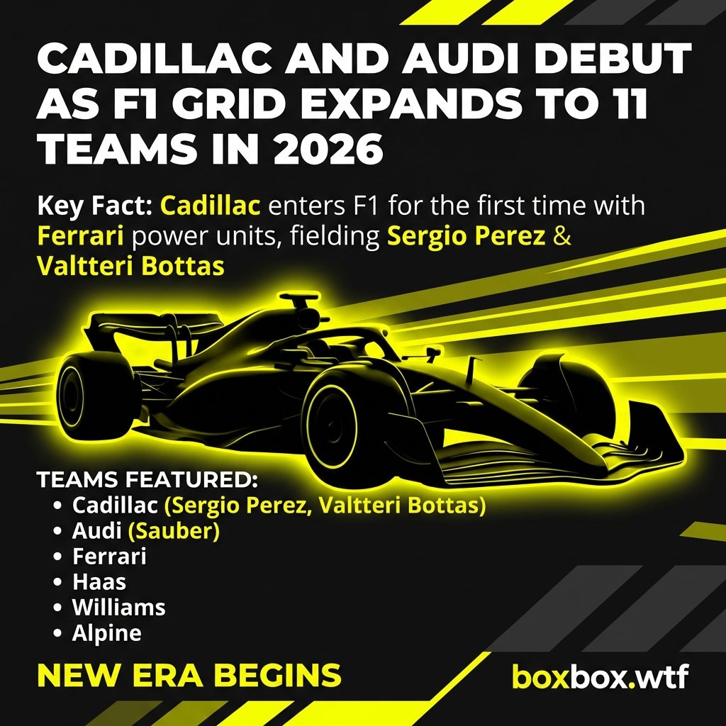 F1memeBoxbox's tweet photo. 🏎️ Cadillac and Audi Debut as F1 Grid Expands to 11 Teams in 2026

Cadillac enters F1 for the first time with Ferrari power units, fielding Sergio Perez and Valtteri B

Follow @bo

#F1 #Formula1 #F12026 #CadillacSergioPerez #ValtteriBottas #AudiSauber #boxboxwt https://t.co/DhofDHqWet