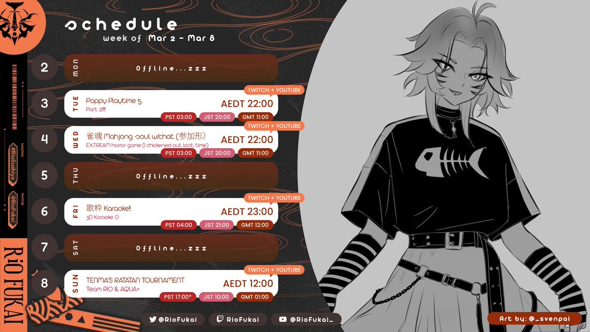 RioFukai's tweet photo. 🍣Stream Schedule 2/9 - 2/15🍣
Back from the trip!!!
Continuing on Poppy tonight cuz I suck at puzzles and can't finish it within on stream🤡

ALSO I'm joining my first ever tournament this weekend!! Come cheer our team up!!🍣⚙️

⏬Stream link below⏬ 
#RioSushiya#Vtuber https://t.co/ErKoFi2bfw