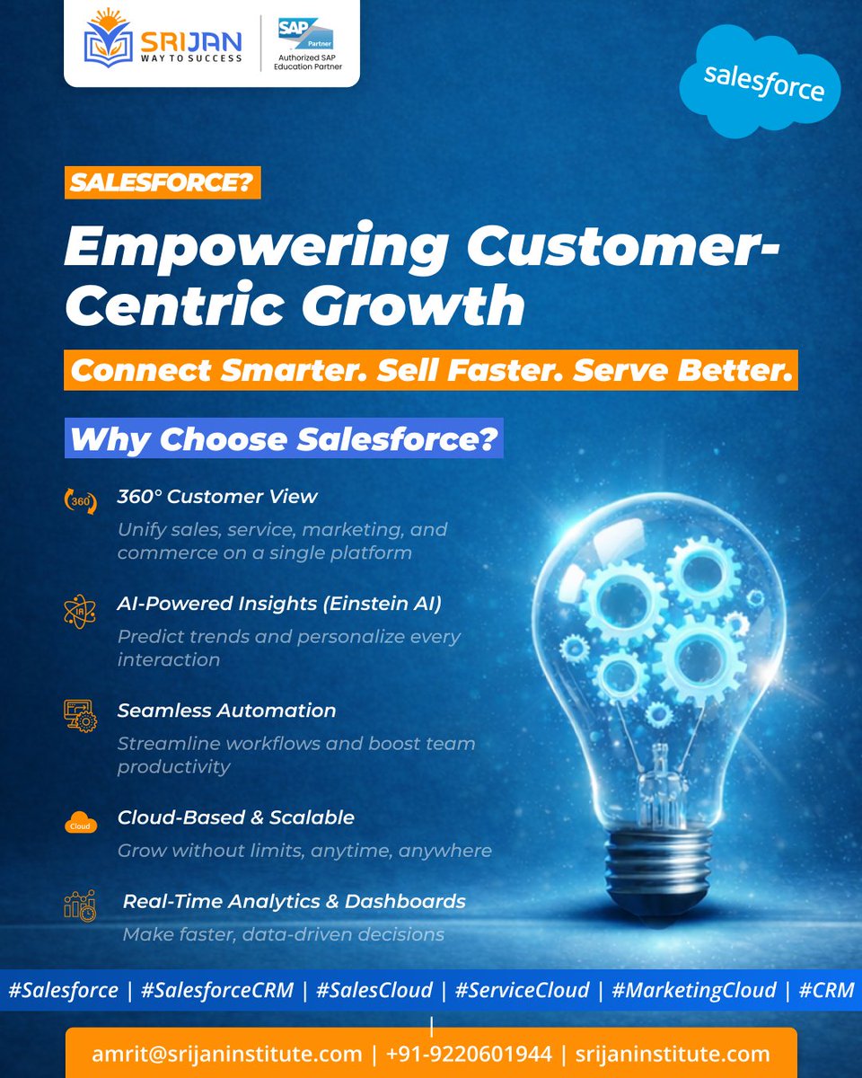 SrijanSAP's tweet image. 🚀 Empower customer-centric growth with Salesforce!
Learn 360° CRM, AI insights, automation &amp;amp; real-time analytics to connect smarter, sell faster &amp;amp; serve better.📩 amrit@srijaninstitute.com | 📞 +91-9220601944#Salesforce #SalesforceCRM #SalesCloud #ServiceCloud #CRM #CareerGrowth
