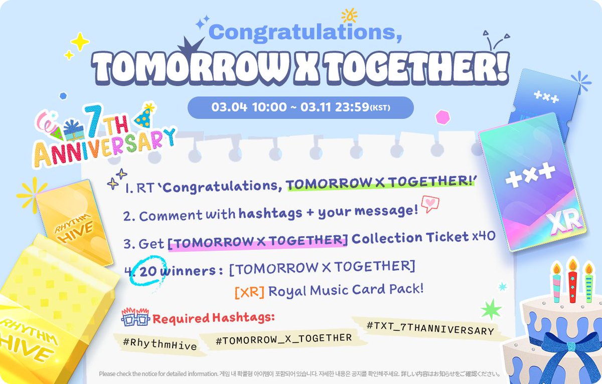 ✨ TOMORROW X TOGETHER 7th Anniversary ✨

함께 걸어온 7년의 시간,
그리고 앞으로도 이어질 우리의 순간들.

그동안의 소중한 시간들을 기념하며
Rhythm Hive에서 특별한 이벤트를 준비했습니다!

RT와 축하 메시지를 남기고
7주년의 순간을 함께 빛내 주세요 💫

➡️ drima.ge/CgAtb