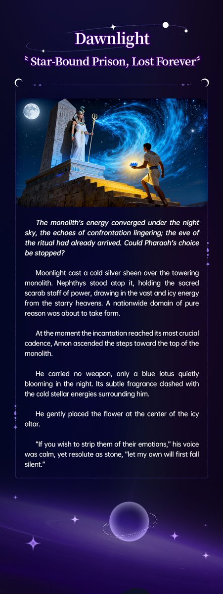 Coslight202601's tweet photo. 📖Dawnlight · “Star-Bound Prison, Lost Forever”｜ The Blue Lotus Choice
Coslight enters its 63th day.
When protecting something precious requires sacrificing part of your own existence… do you see this as devotion, sacrifice, or a more complex belief altogether? #Dawnlight https://t.co/SC9OloSIhR