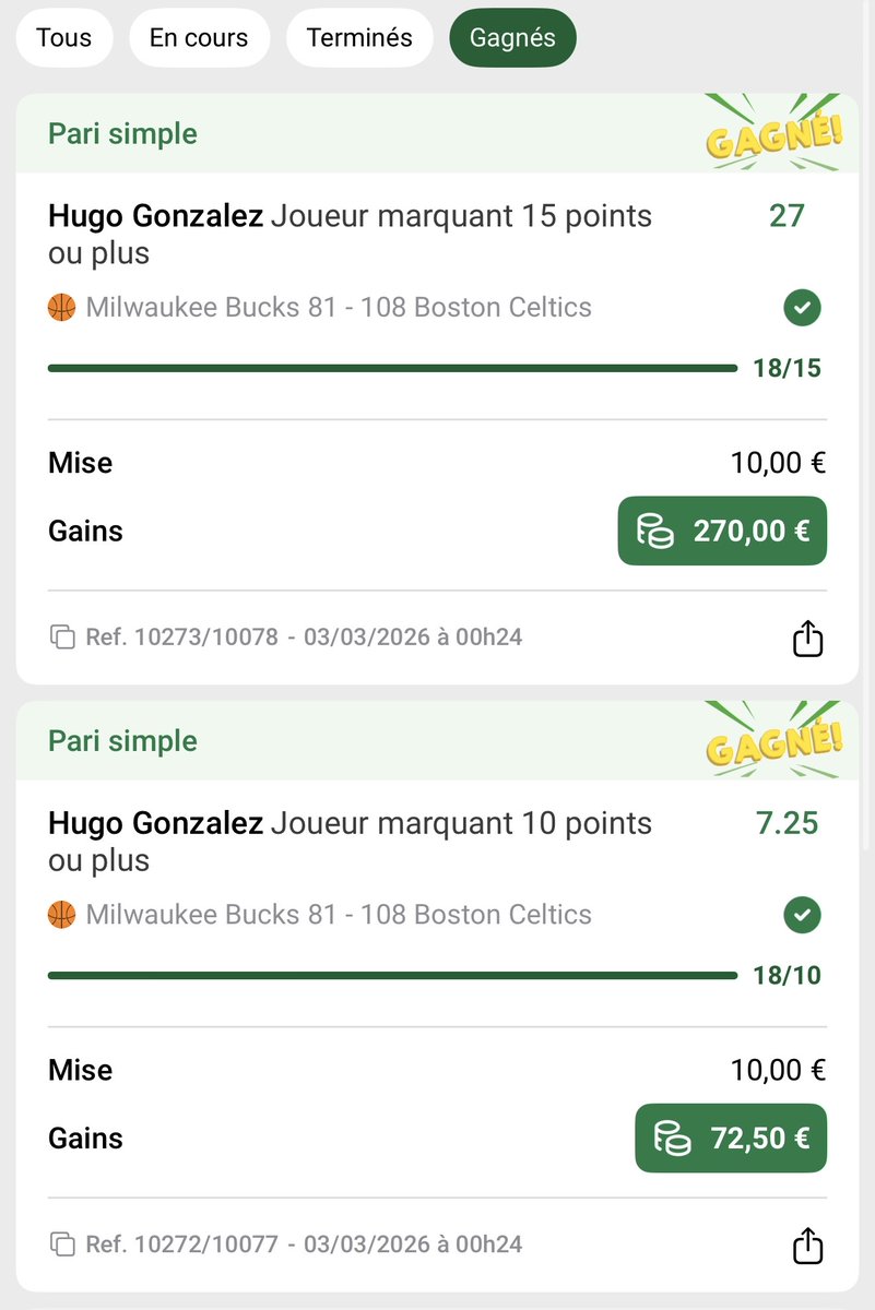 La côte à 7 et 27 qui passent en pv 🏀🎉 ( Gonzalezzzzzzz !! )

#parissportifs #teamparieur #teamparieurs #pronos