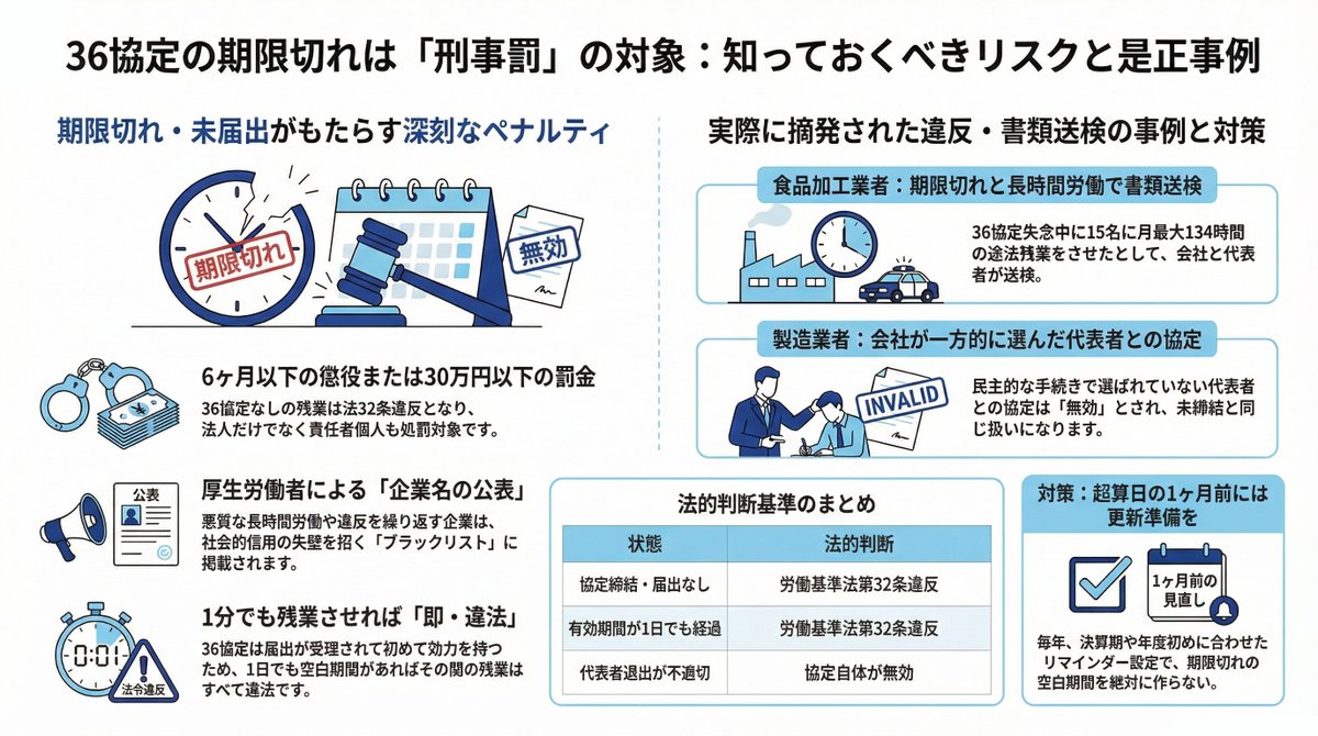 bizoceandxjp's tweet photo. 💨【間に合う？】3月末は36協定の提出ラッシュ！【労働基準法】
窓口が混雑するため電子申請（e-Gov等）がおすすめ

36協定を締結・提出しないまま、会社が従業員に「法定労働時間を超えて労働させた」「休日出勤させた」場合は「労働基準法違反」⚠️
↓
刑事罰の対象です！😱

☑️過去の事例：某食品加工会社は、36協定の期限切れにも関わらず従業員に週40時間を超えて時間外労働をさせたため、書類送検。

36協定の更新は毎年行う必要があります。
もっとも多いのが「うっかり忘れてました」😶‍🌫️

起算日を4月の年度初めに設定している企業は多いと思います。
自社で決めた有効期間のスタートまでに、かならず36協定届を「提出完了」しましょう��

------
👇勤怠で会社が知っておくべき法律、法令違反のリスクがある出勤簿の特徴をツリーに提げます