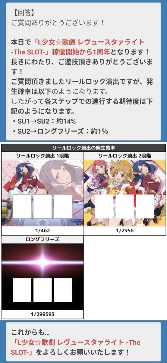 oizumi_koushiki's tweet photo. おっ昼だぁ〜☆☆☆

本日で

「L少女☆歌劇 レヴュースタァライト -The SLOT-」

が導入されてからちょうど丸1年になりマス♪

この1年、たくさんの方に遊んでいただき本当にありがとうございマス♡

本日はそれを記念してタママ2等兵さんからのご質問にご回答しマス！ https://t.co/JzjYufkw9S