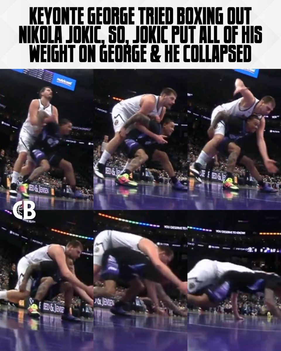 CourtsideBuzzX's tweet image. WHAT THE?! Keyonte George tried boxing out Nikola Jokic, so, Jokic put all of his weight on George &amp;amp; made him collapse 😳😂

Thoughts? 🤔