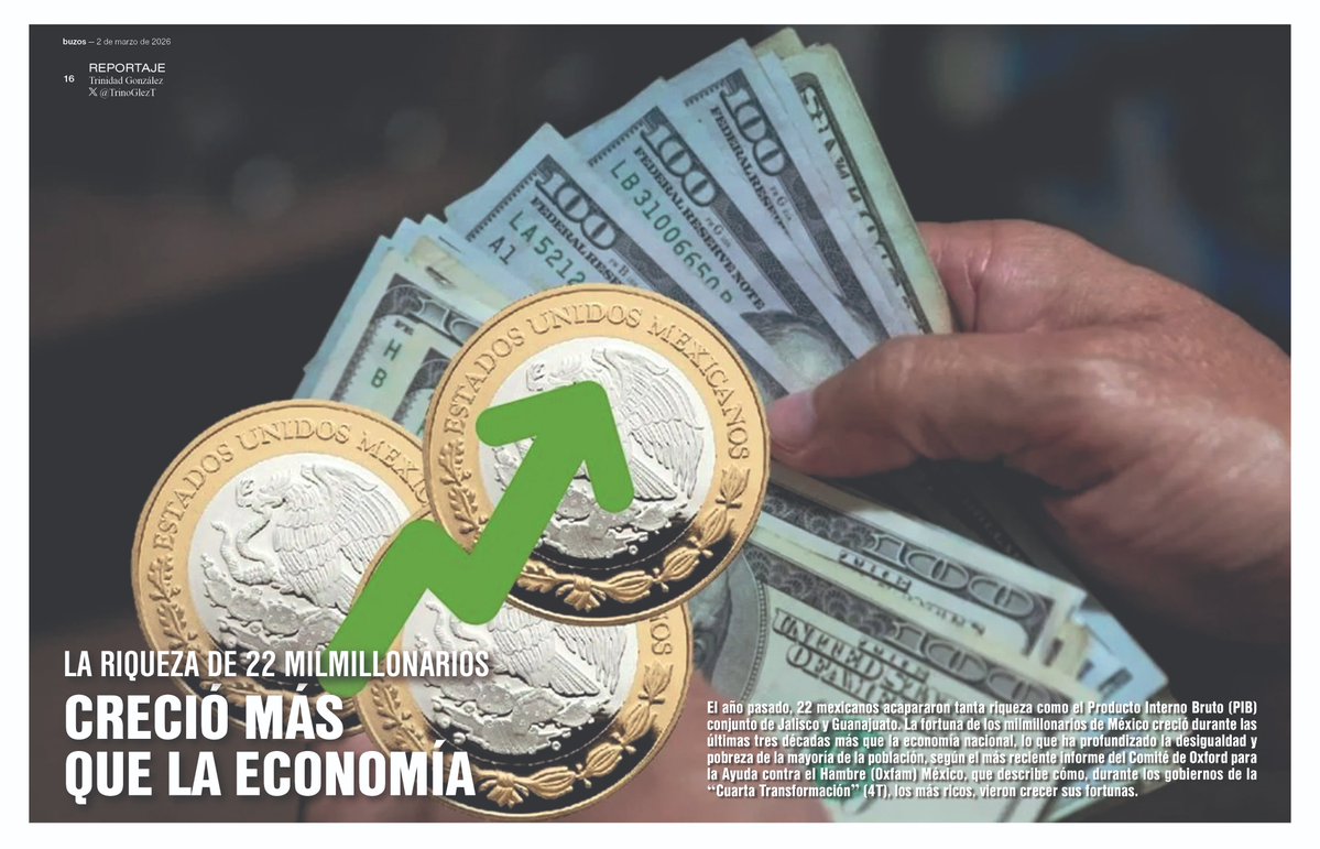 🔴#buzos | La riqueza de 22 milmillonarios creció más que la economía 💰🤑

La fortuna de los milmillonarios de México creció durante las últimas tres décadas más que la economía nacional, lo que ha profundizado la desigualdad y pobreza de la mayoría de la población, según el más