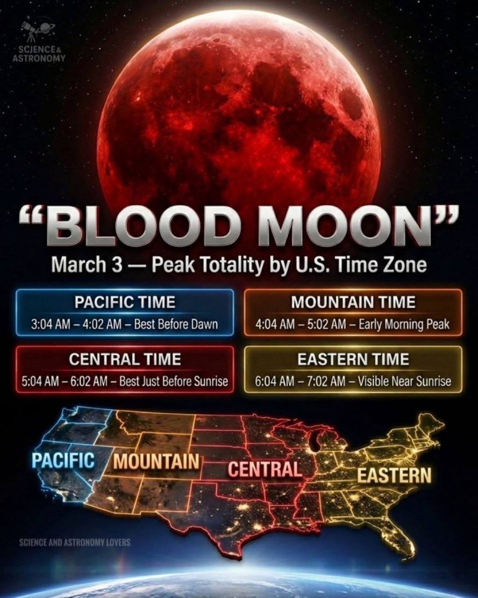 In the early morning hours of March 3, a total lunar eclipse will pass over the United States.

The "blood moon" eclipse will cause the moon to exhibit a reddish hue. 
It will be visible in parts of the world beginning in the evening and going into the early morning…

Blood