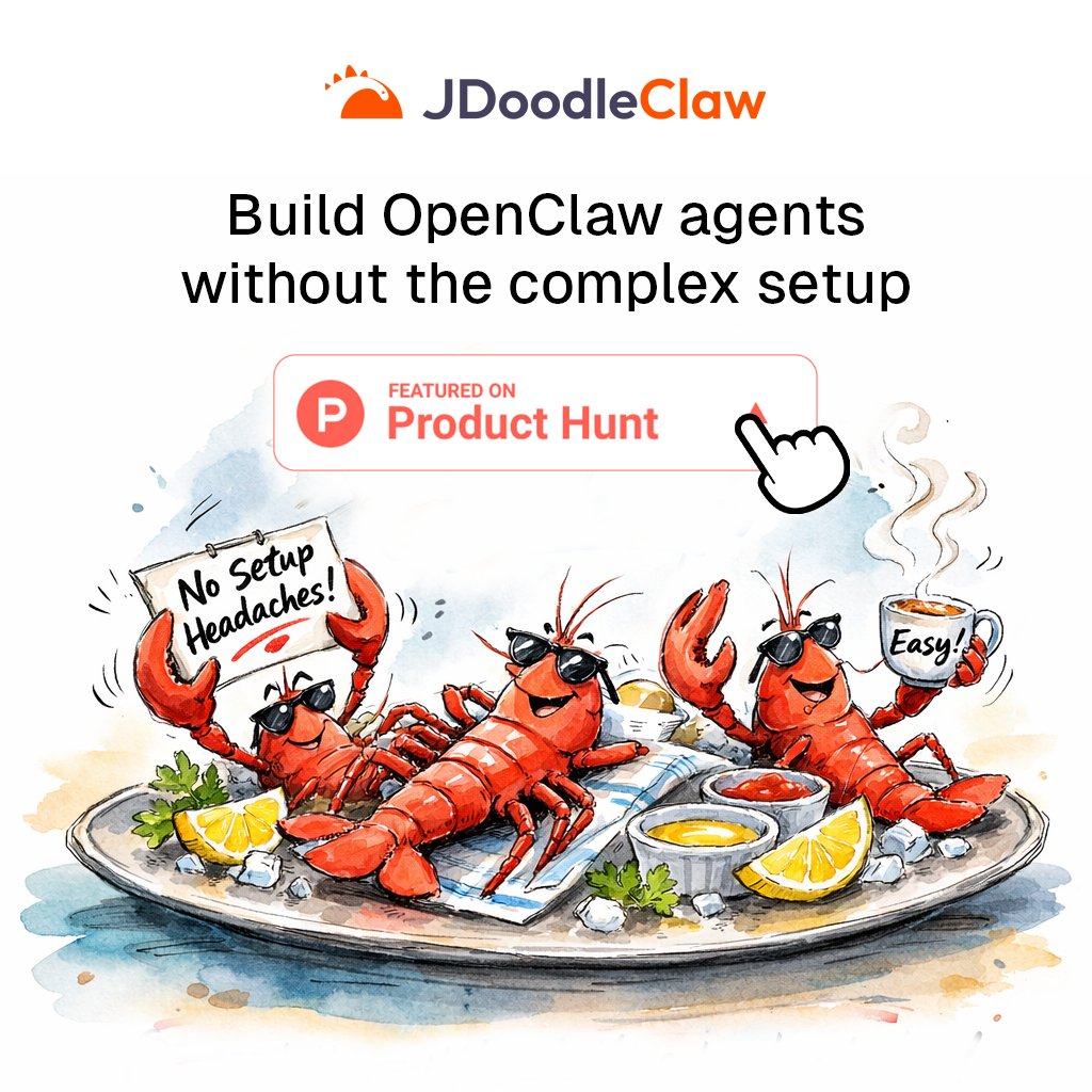 melvyalmeida's tweet photo. Hey everyone, if you ever thought of building ai agents with OpenClaw but didn't want to deal with the setup. You can now build them with JDoodleClaw - securely hosted and a user-friendly OpenClaw.

We just launched on Product Hunt https://t.co/b7AEiSmr4j https://t.co/doSxFsLIZ2